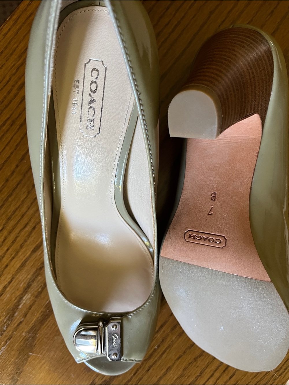 Coach Taupe Patent Leather Peep-Toe Heels with Silver Buckle size 7B - Picture 6 of 6